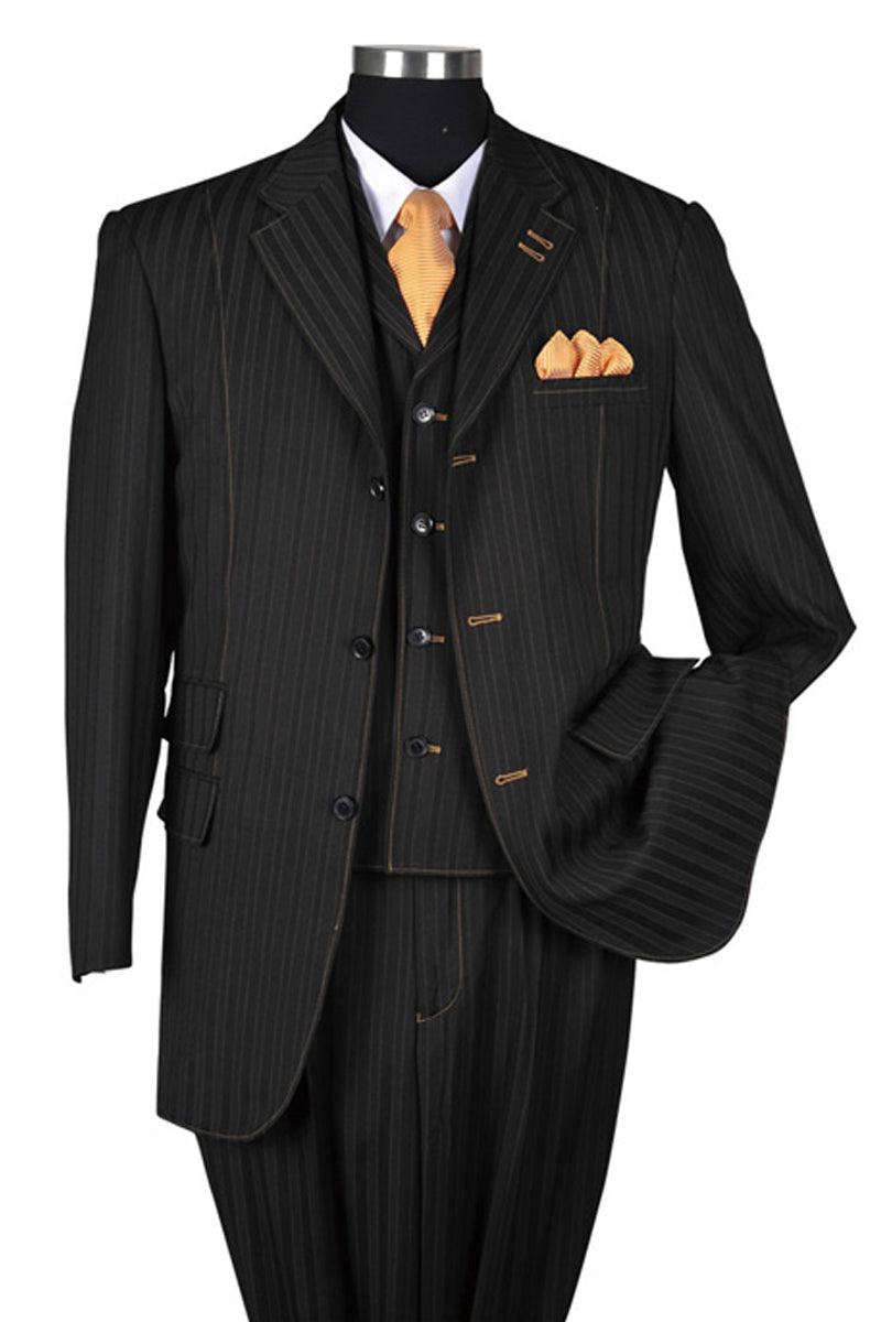 "Men's Black Tonal Pinstripe 3-Button Vested Suit by Fortino Landi" - Elegant Mensattire