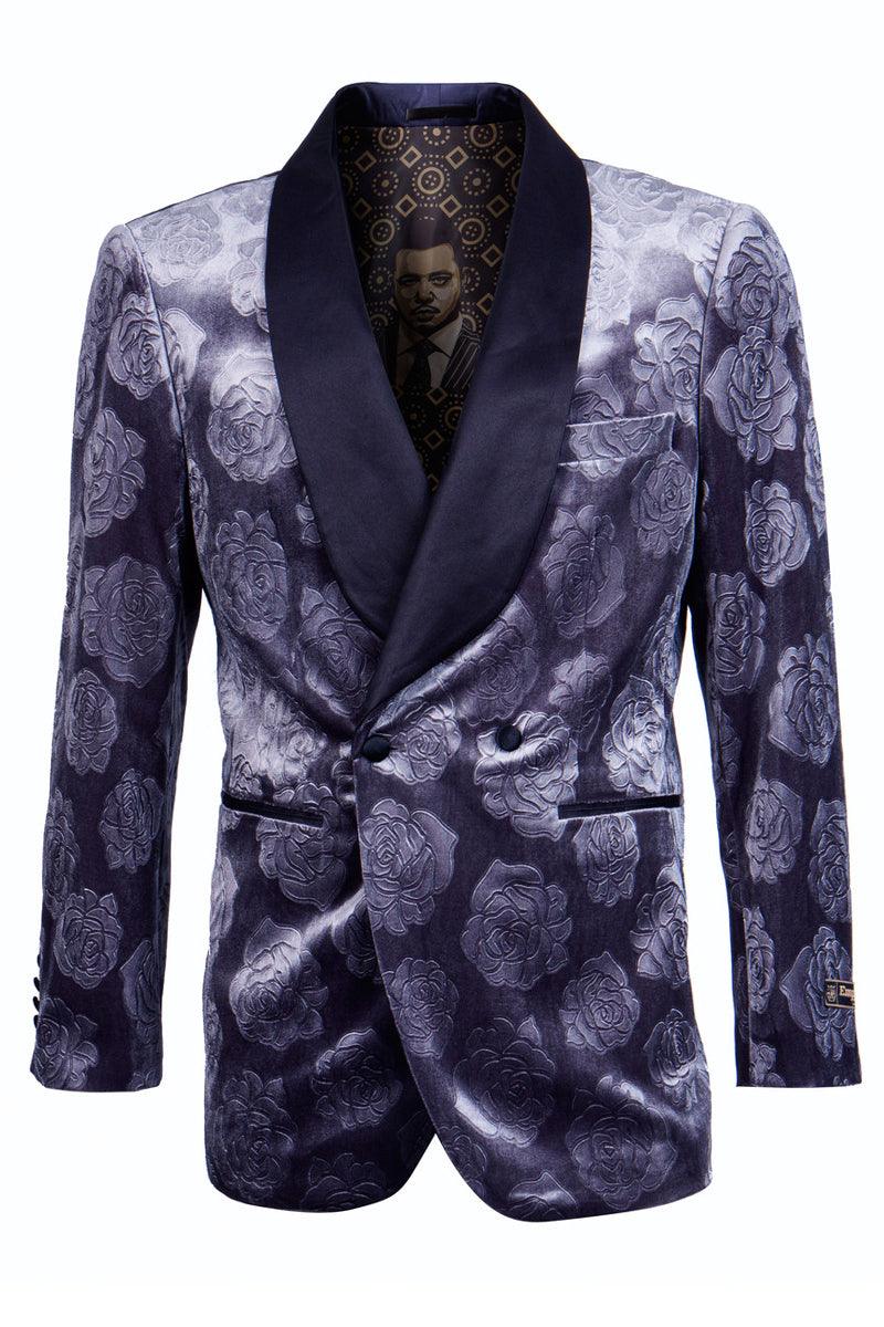 "Men's Blue Velvet Smoking Jacket: Luxe Floral Rose Print" - Elegant Mensattire