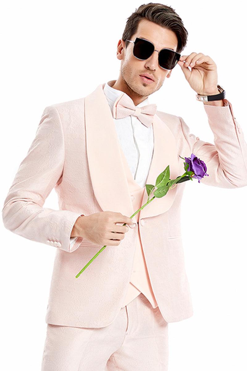 Men's Blush Pink Tuxedo with Wide Shawl Lapel & One Button Vest by Tazio - Elegant Mensattire