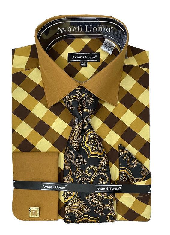 Men's Brown Check French Cuff Dress Shirt Set: Daniel Ellissa - Elegant Mensattire