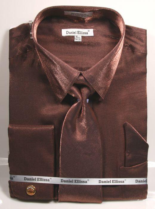 Men's Brown Metallic Velvet Dress Shirt & Tie Set by Daniel Ellissa - Elegant Mensattire