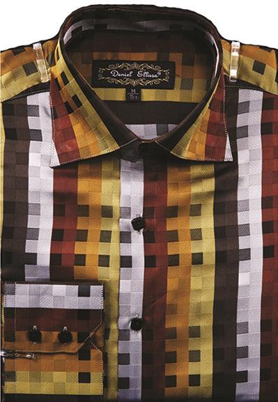 Men's Brown Sports Shirt by Daniel Ellissa: Fancy Tonal Square Pattern, Regular Fit. - Elegant Mensattire