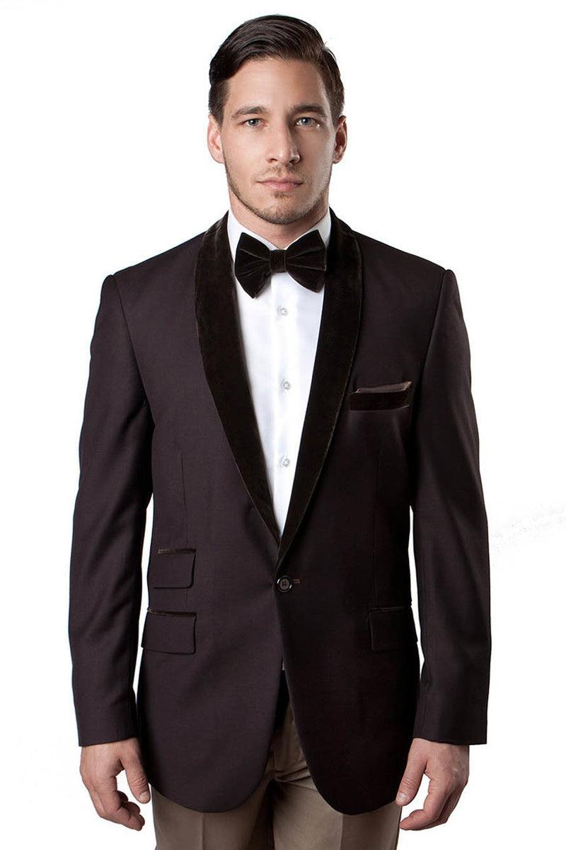 Men's Brown Tazio Velvet Shawl Tux Jacket with Single Button. - Elegant Mensattire