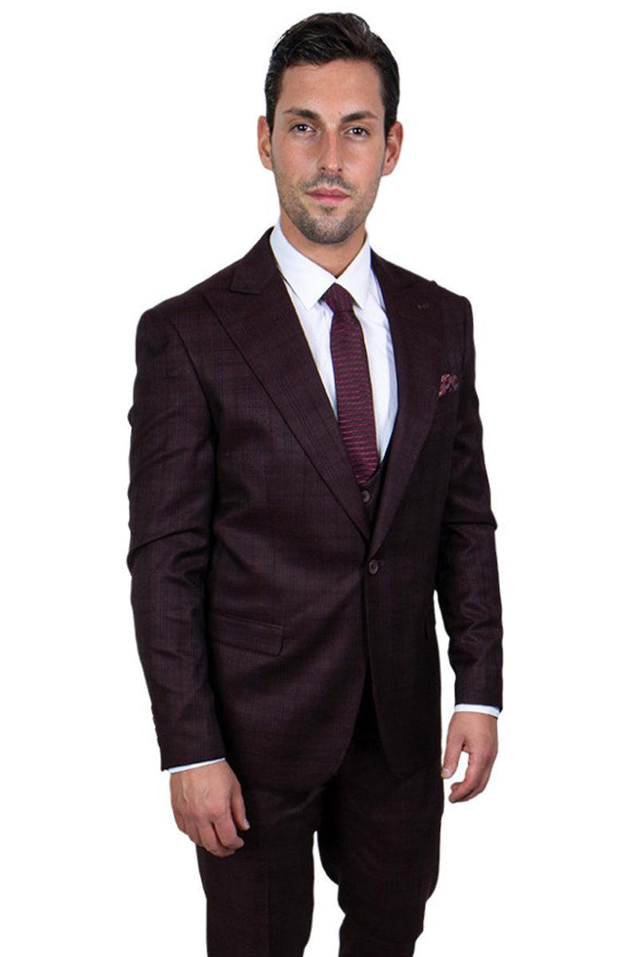 Men's Burgundy Glen Plaid Vested Suit w/ Peak Lapel & 1-Button Closure - Stacy Adams - Elegant Mensattire