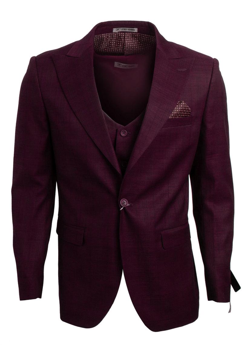 Men's Burgundy Glen Plaid Vested Suit w/ Peak Lapel & 1-Button Closure - Stacy Adams - Elegant Mensattire