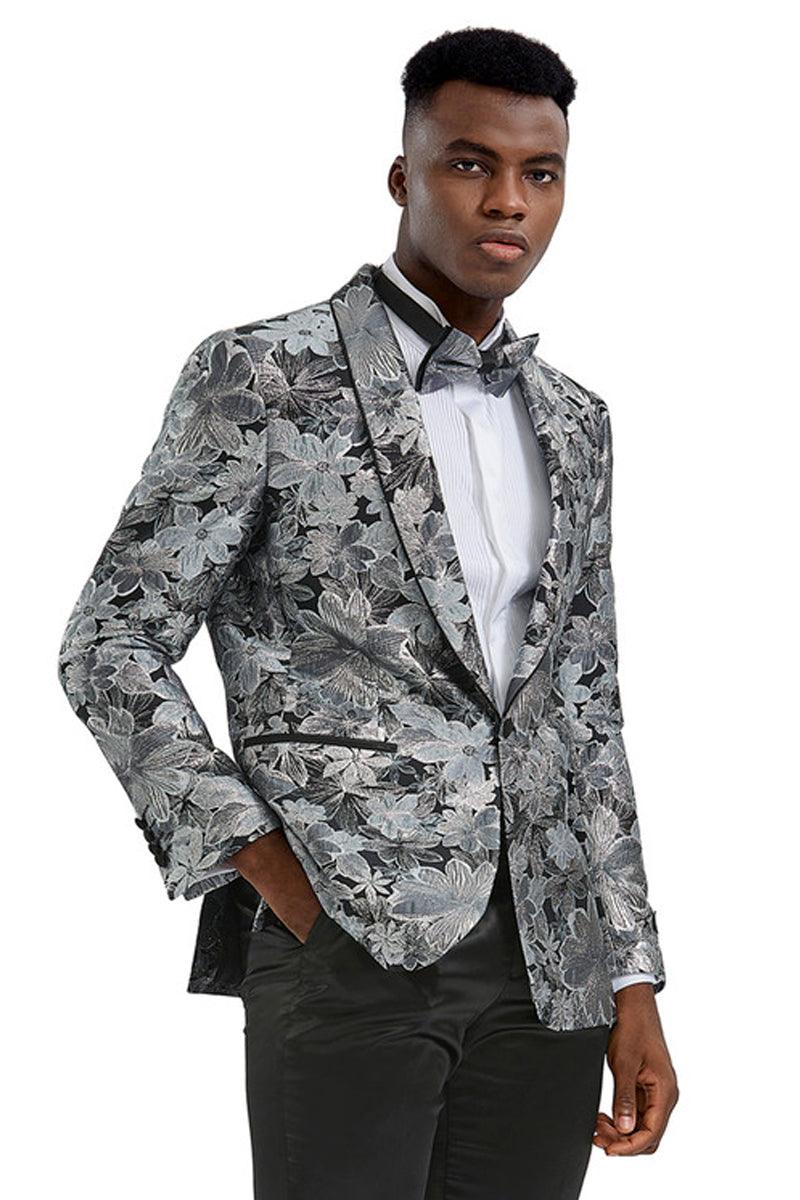 Men's Charcoal & Silver Grey Slim Fit Paisley Tuxedo Jacket by Tazio - Elegant Mensattire