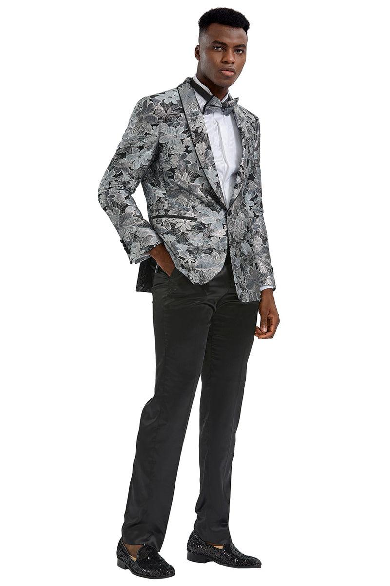 Men's Charcoal & Silver Grey Slim Fit Paisley Tuxedo Jacket by Tazio - Elegant Mensattire