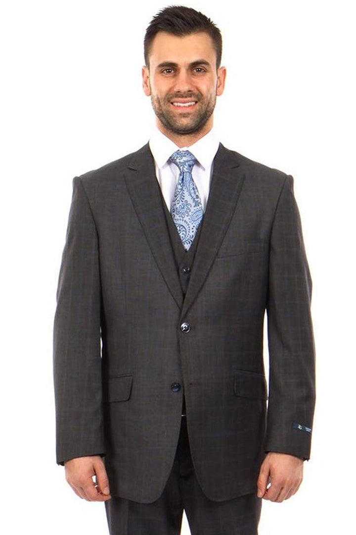 Men's Charcoal Grey & Blue Windowpane Plaid Wool Modern Fit Vested Suit by Zegarie - Elegant Mensattire