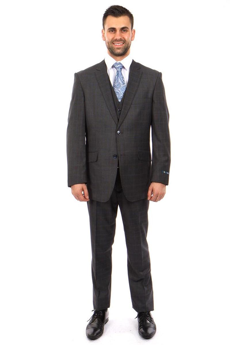 Men's Charcoal Grey & Blue Windowpane Plaid Wool Modern Fit Vested Suit by Zegarie - Elegant Mensattire