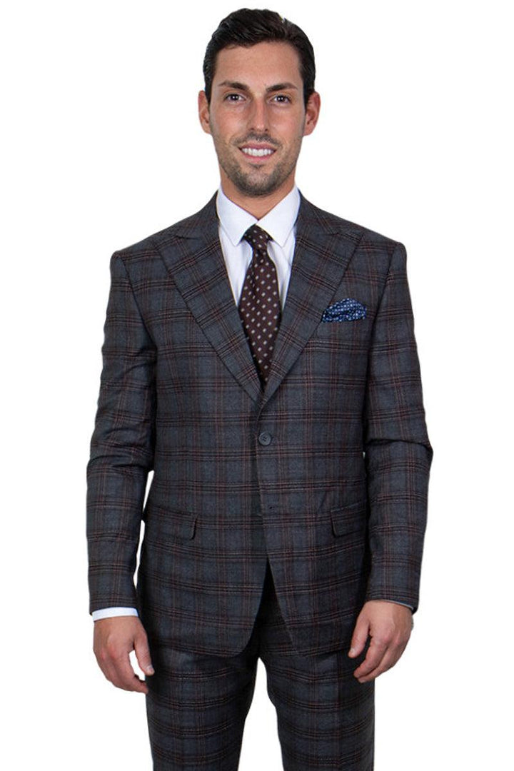 "Men's Charcoal Grey Windowpane Plaid Stacy Adams 2-Button Vest Suit" - Elegant Mensattire