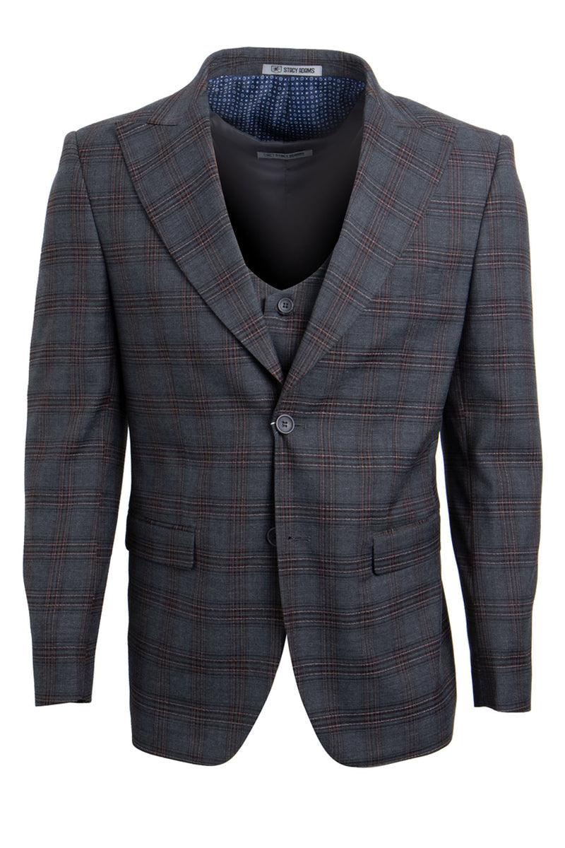 "Men's Charcoal Grey Windowpane Plaid Stacy Adams 2-Button Vest Suit" - Elegant Mensattire