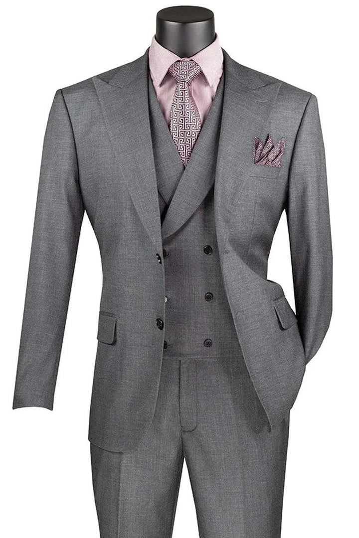 Men's Charcoal Sharkskin Double Breasted Suit with Vest by Vinci - Elegant Mensattire