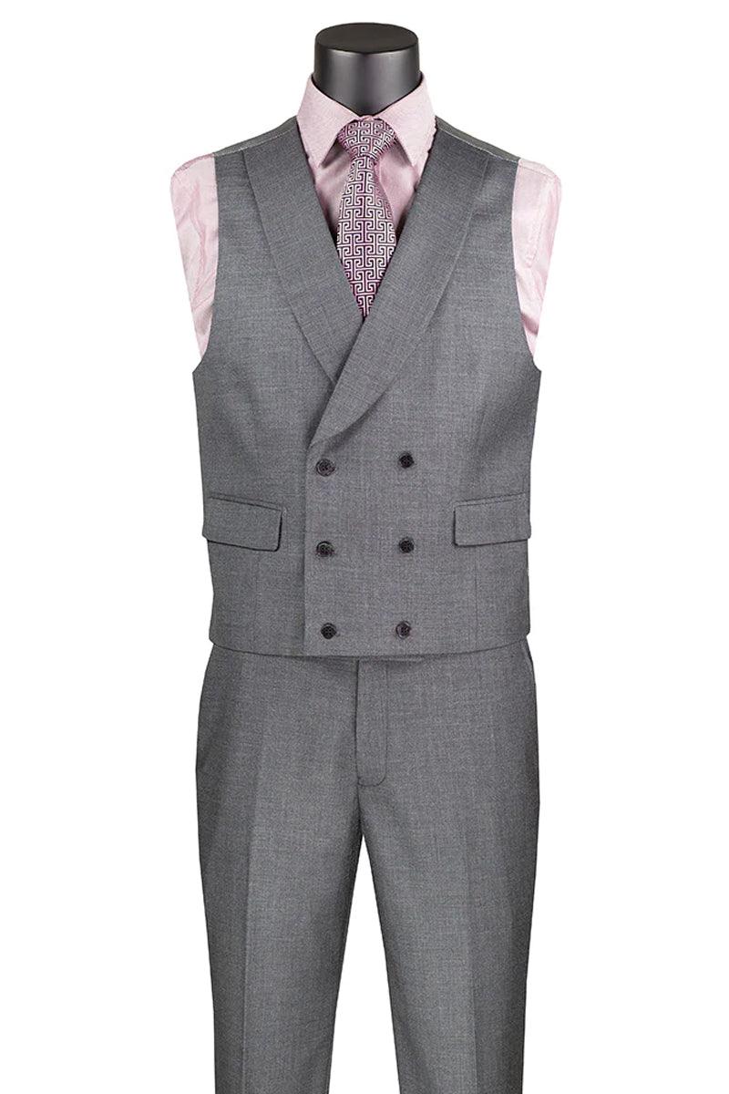 Men's Charcoal Sharkskin Double Breasted Suit with Vest by Vinci - Elegant Mensattire