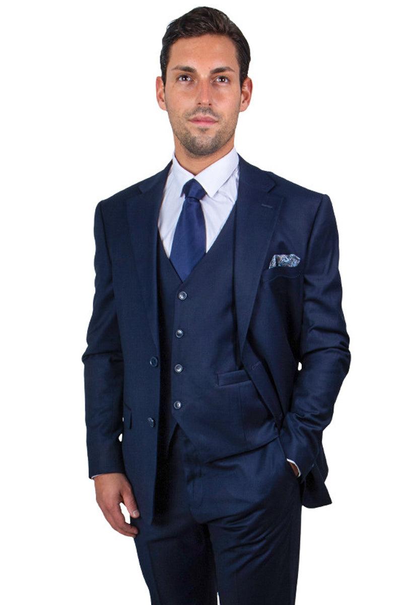 Men's Classic Design Vested Stacy Adams Suit in Navy Blue - Elegant Mensattire