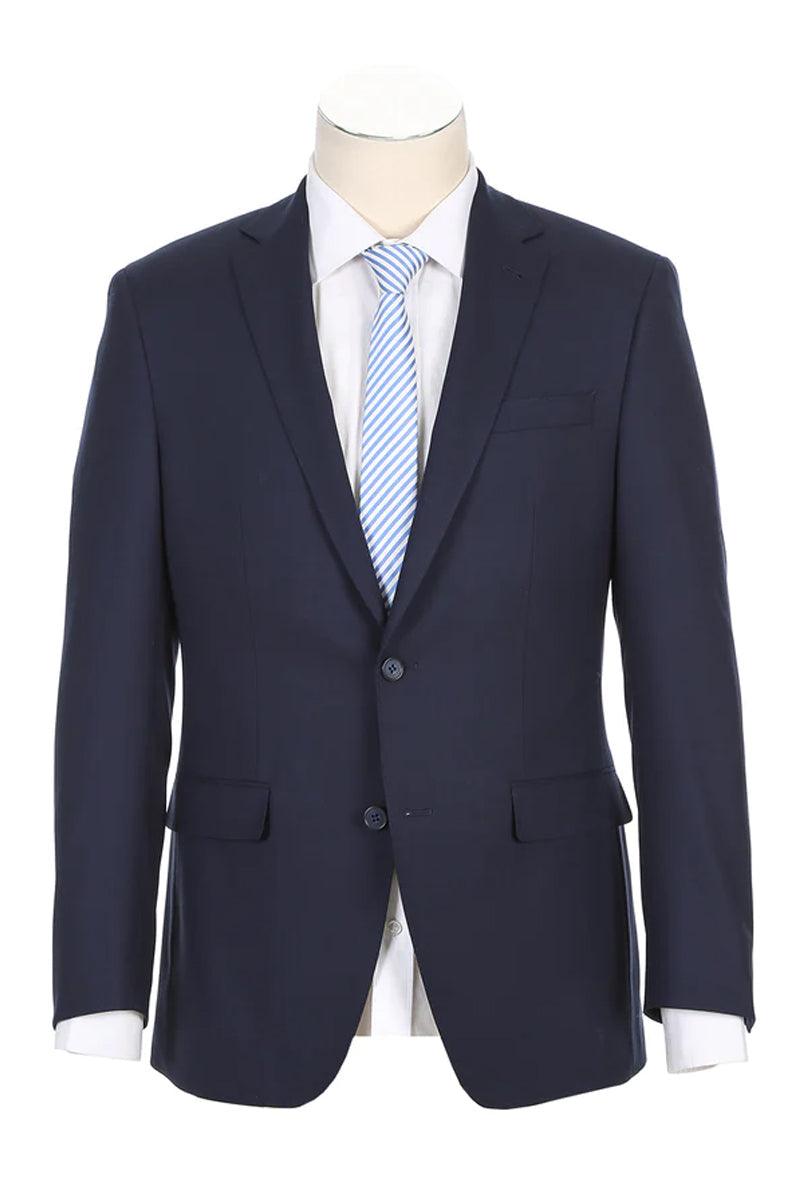 Men's Classic Fit Navy Blue Wool Suit - Rivelino 2-Button, Half Canvas - Elegant Mensattire