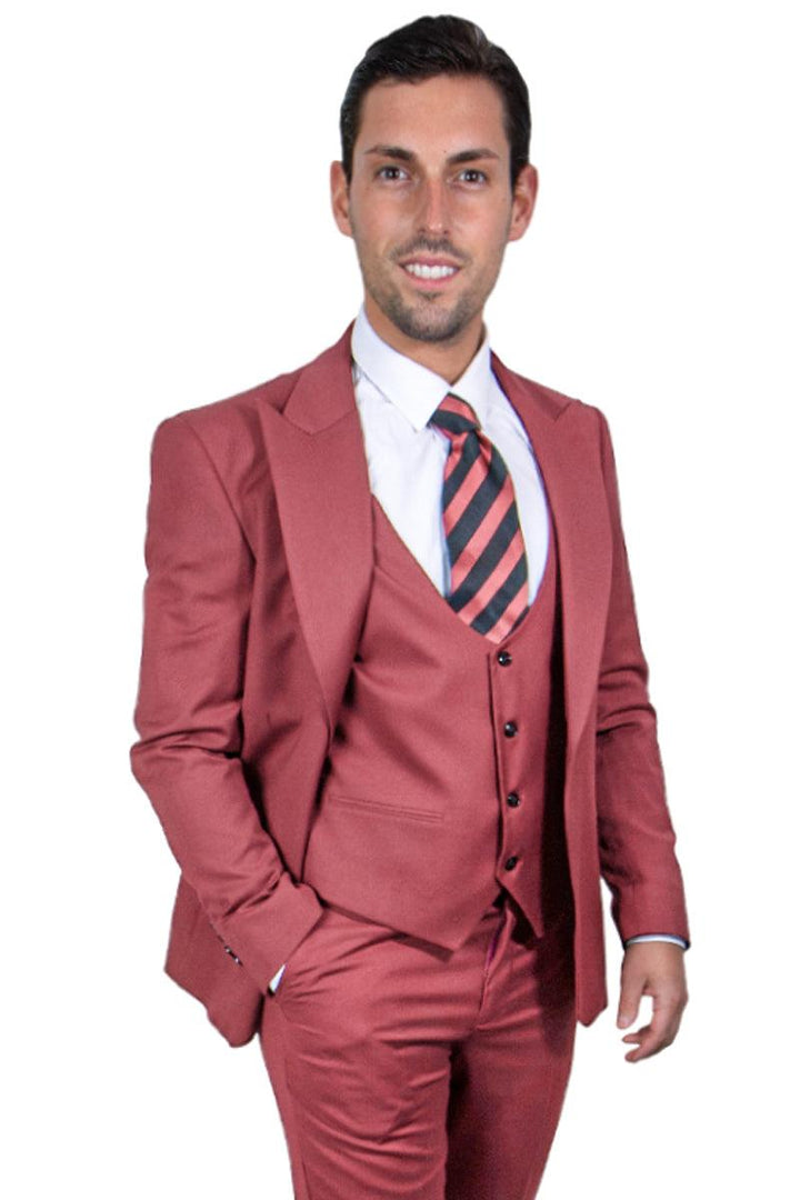 Men's Classy Coral Blush Pink One-Button Vested Peak Lapel Stacy Adams Suit - Elegant Mensattire