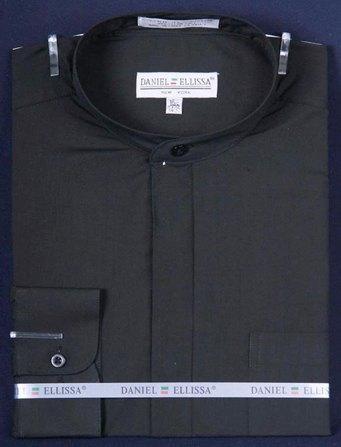 "Men's Daniel Ellissa Classic Black French Front Dress Shirt with Banded Collar" - Elegant Mensattire