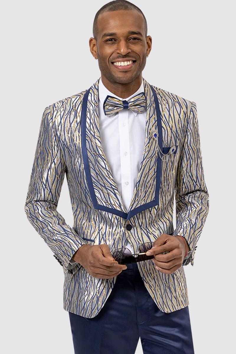 Men's EJ Samuel Blue & Gold Metallic Wave Square Shawl Tux Jacket - Elegant Mensattire