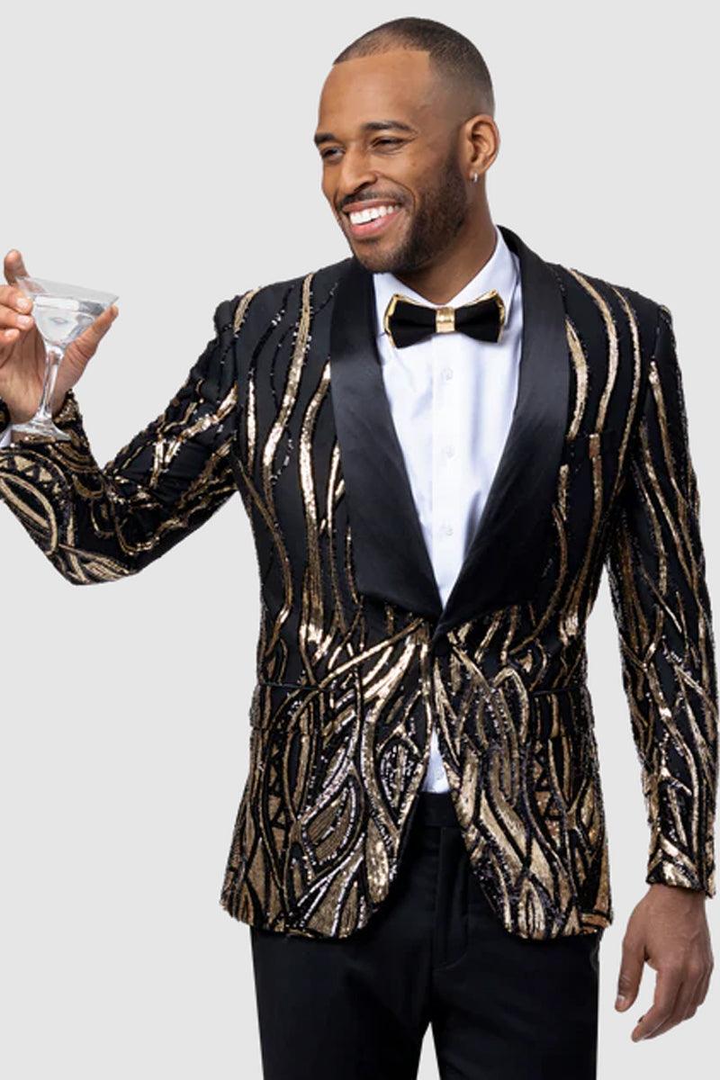 Men's EJ Samuel Shawl Lapel Black & Gold Sequin Formal Tuxedo Jacket - Elegant Mensattire