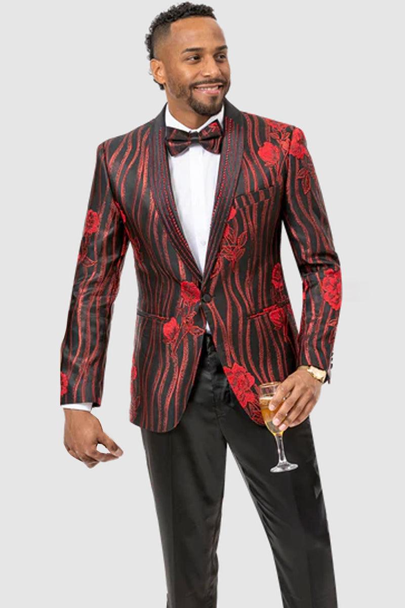 Men's EJ Samuel Tux w/ Floral & Wave Patterns, Red & Black - Elegant Mensattire