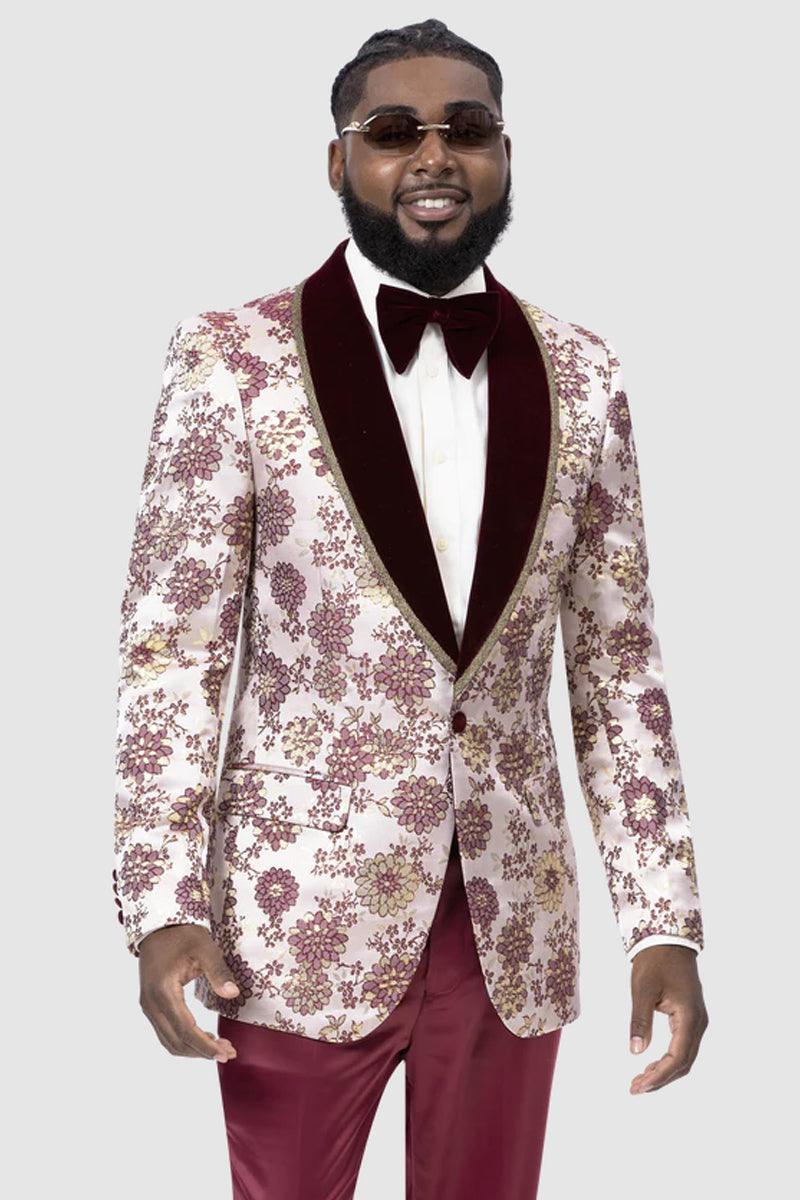 Men's EJ Samuel Vintage Burgundy & Gold Shield Button Prom Tux Jacket - Elegant Mensattire
