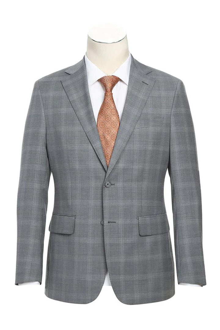 Men's English Laundry Wool Suit: Slim Fit Notch Lapel Windowpane Plaid, Light Grey - Elegant Mensattire