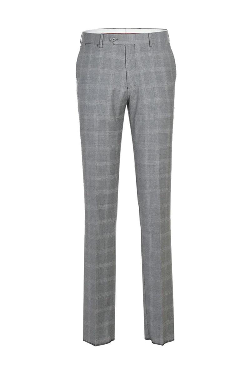 Men's English Laundry Wool Suit: Slim Fit Notch Lapel Windowpane Plaid, Light Grey - Elegant Mensattire