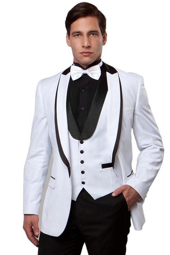 Men's Fancy White Tuxedo w/ Peak Lapel & Satin Trim - Bryan Michaels - Elegant Mensattire