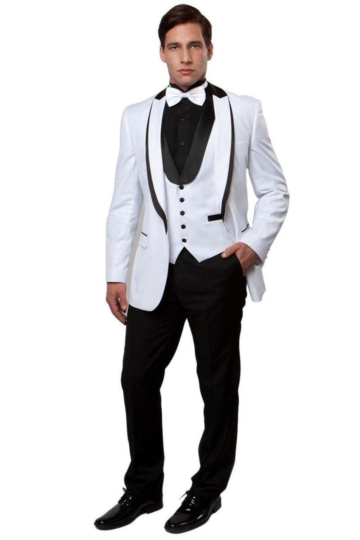 Men's Fancy White Tuxedo w/ Peak Lapel & Satin Trim - Bryan Michaels - Elegant Mensattire