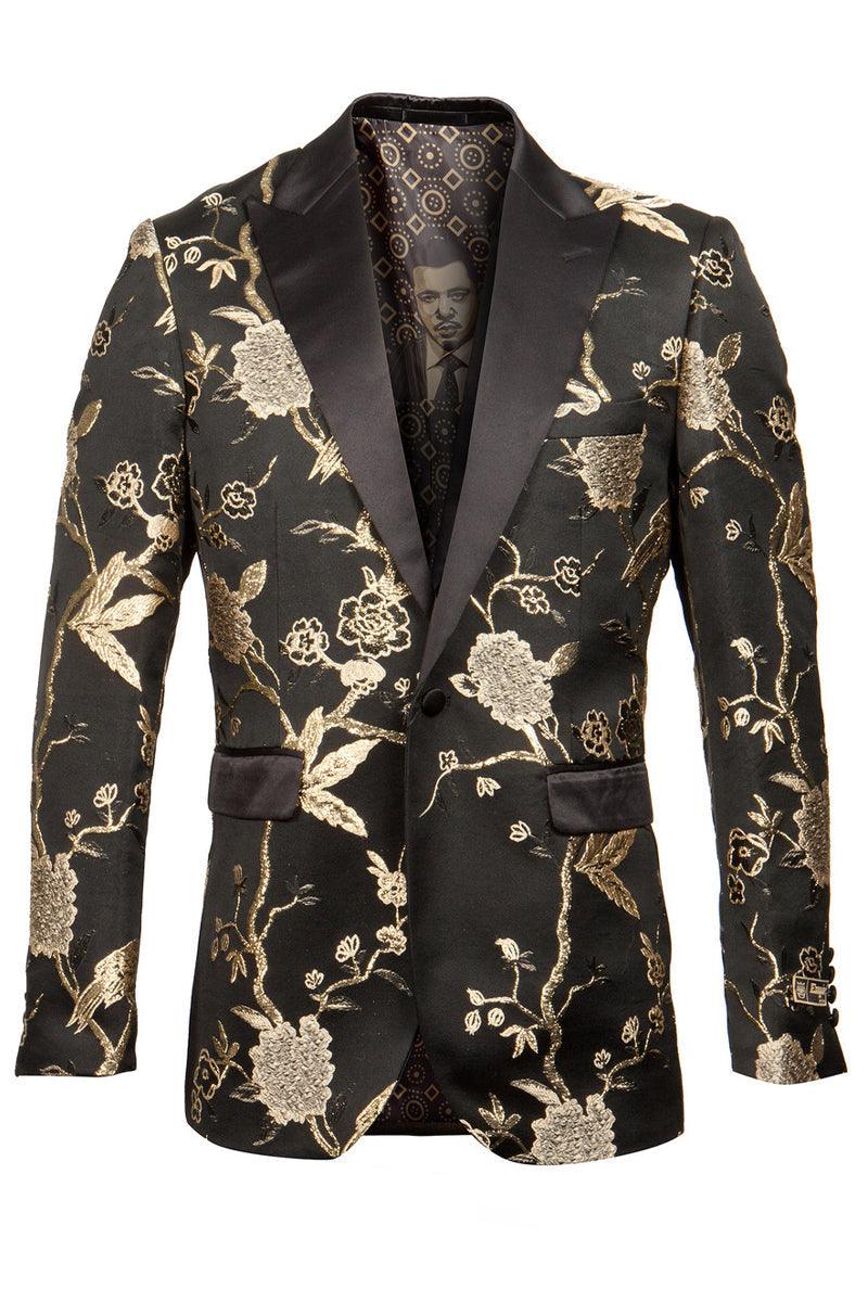 Men's Floral Satin Print Black & Gold Tuxedo Jacket: Timeless Prom & Wedding Style from Empire - Elegant Mensattire