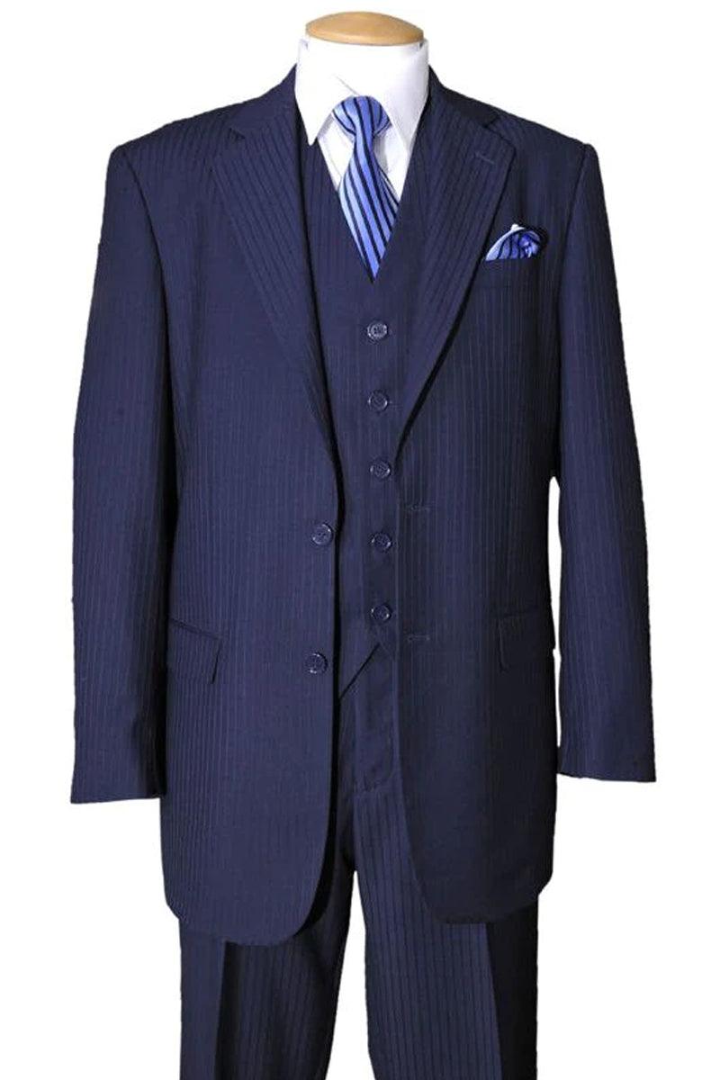 Men's Fortino Landi 2-Btn Navy Wool-Feel Tonal Pinstripe Suit - Elegant Mensattire