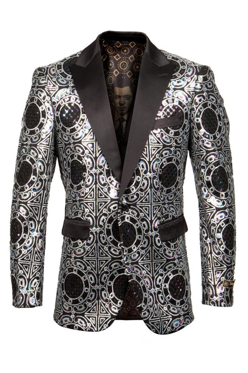 Men's Geometric Silver Tux Jacket w/Shiny Diamond Print - Empire - Elegant Mensattire