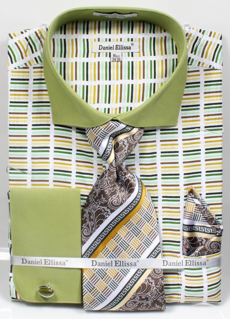 Men's Green Multi Stripe Shirt & Tie Set by Daniel Ellissa | Classy Spread Collar & Contrast Cuffs - Elegant Mensattire