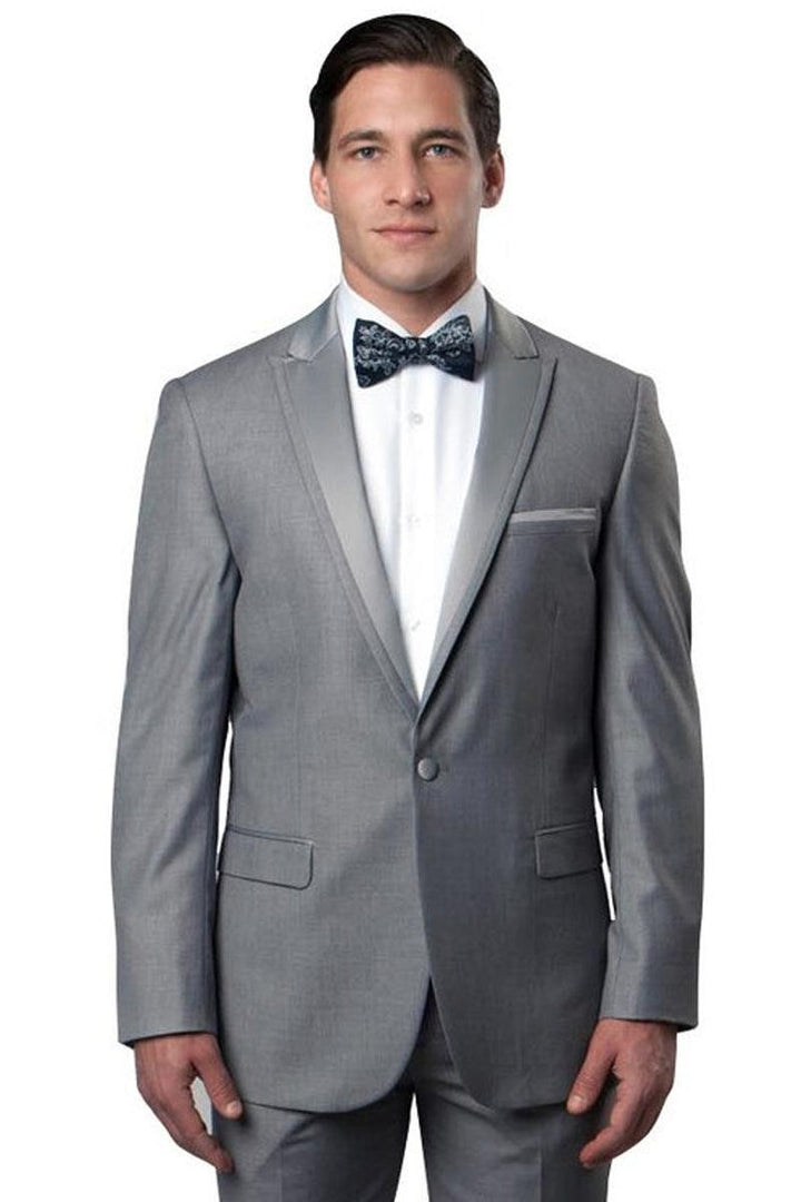 Men's Grey Bryan Michaels Slim Fit 1-Btn Satin Trim Peak Lapel Tuxedo for Prom & Weddings - Elegant Mensattire