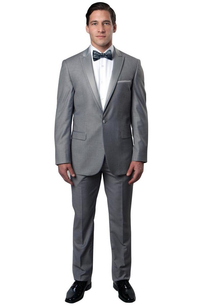 Men's Grey Bryan Michaels Slim Fit 1-Btn Satin Trim Peak Lapel Tuxedo for Prom & Weddings - Elegant Mensattire