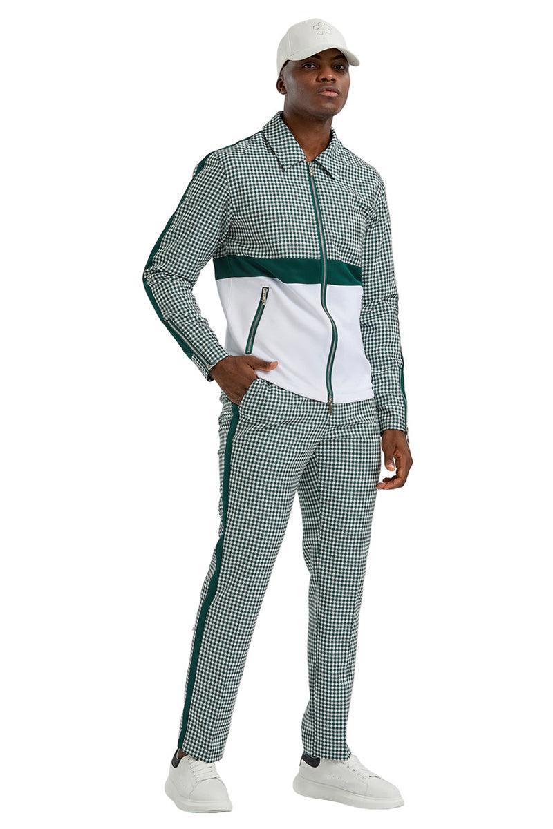 Men's Hunter Green Houndstooth Tazio Suit Jacket & Pant Set for Effortless Style - Elegant Mensattire