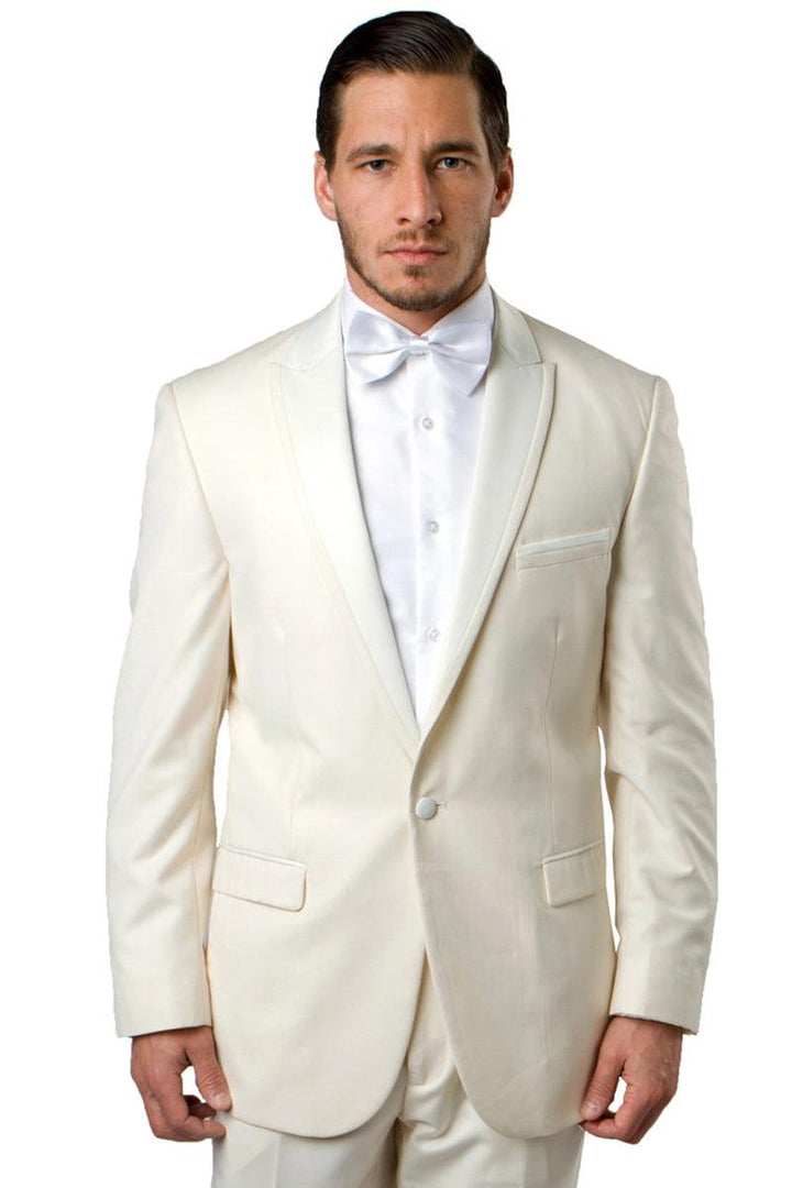 Men's Ivory Bryan Michaels Prom & Wedding Tuxedo with Slim Fit, One Button Satin Trim Peak Lapel - Elegant Mensattire