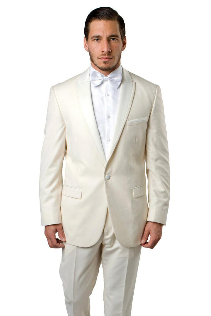 Men's Ivory Bryan Michaels Prom & Wedding Tuxedo with Slim Fit, One Button Satin Trim Peak Lapel - Elegant Mensattire