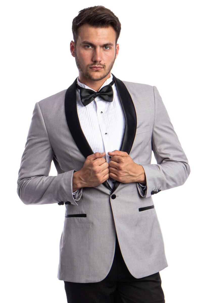 Men's Light Grey Azzuro Skinny Fit Shawl One-Button Tuxedo - Elegant Mensattire