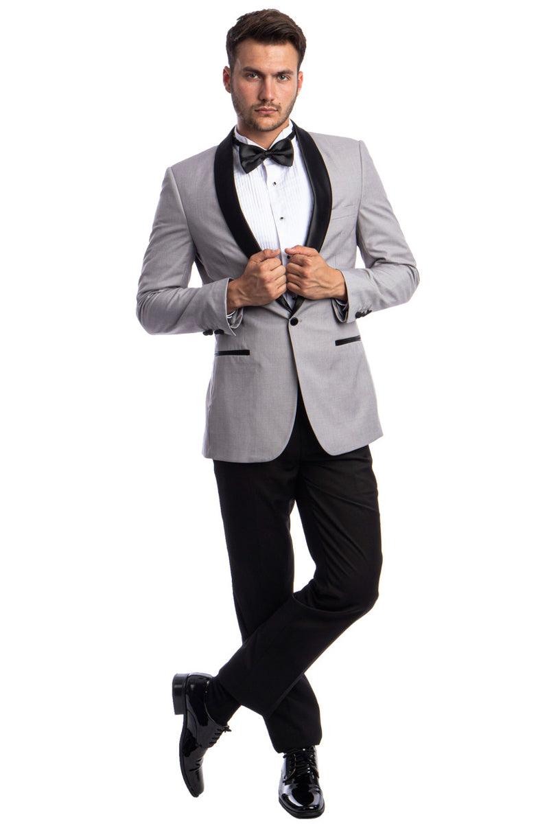 Men's Light Grey Azzuro Skinny Fit Shawl One-Button Tuxedo - Elegant Mensattire