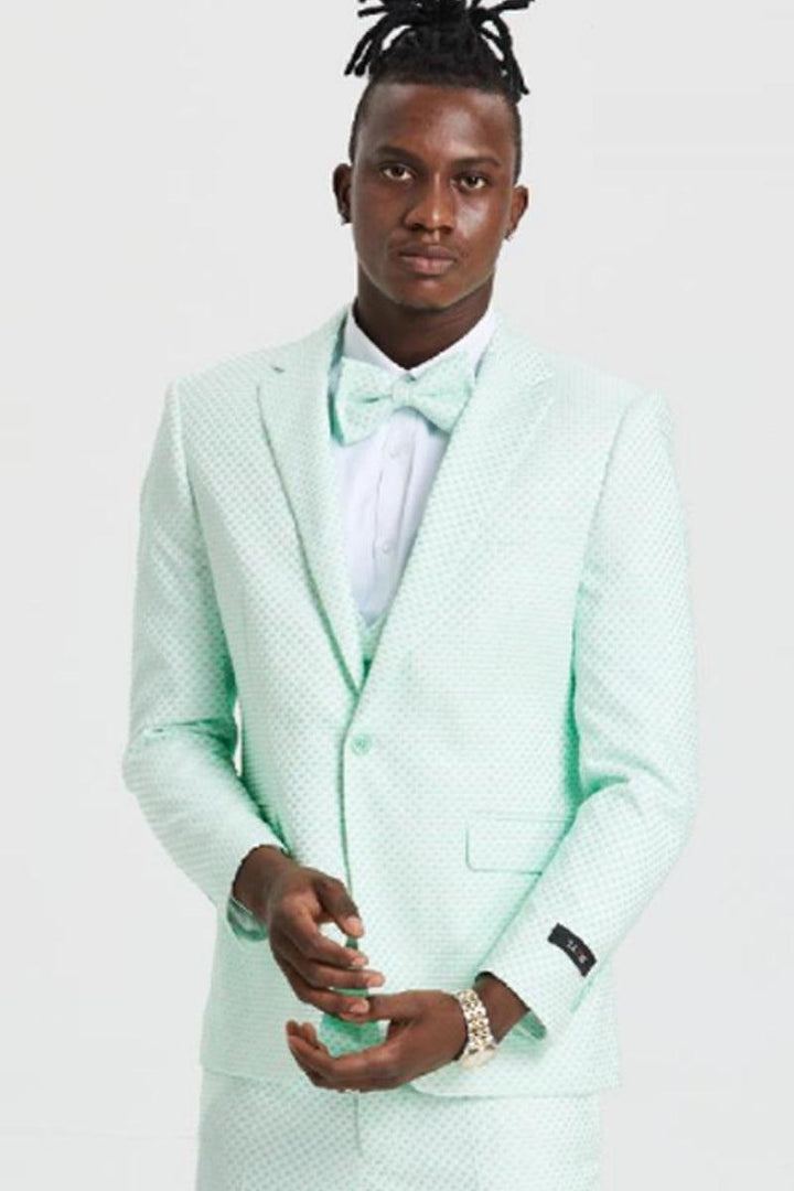 Men's Mint Green Polka Dot Tazio 1-Button Suit - Double Breasted Vest Notch Lapel Totally Prom Ready - Elegant Mensattire