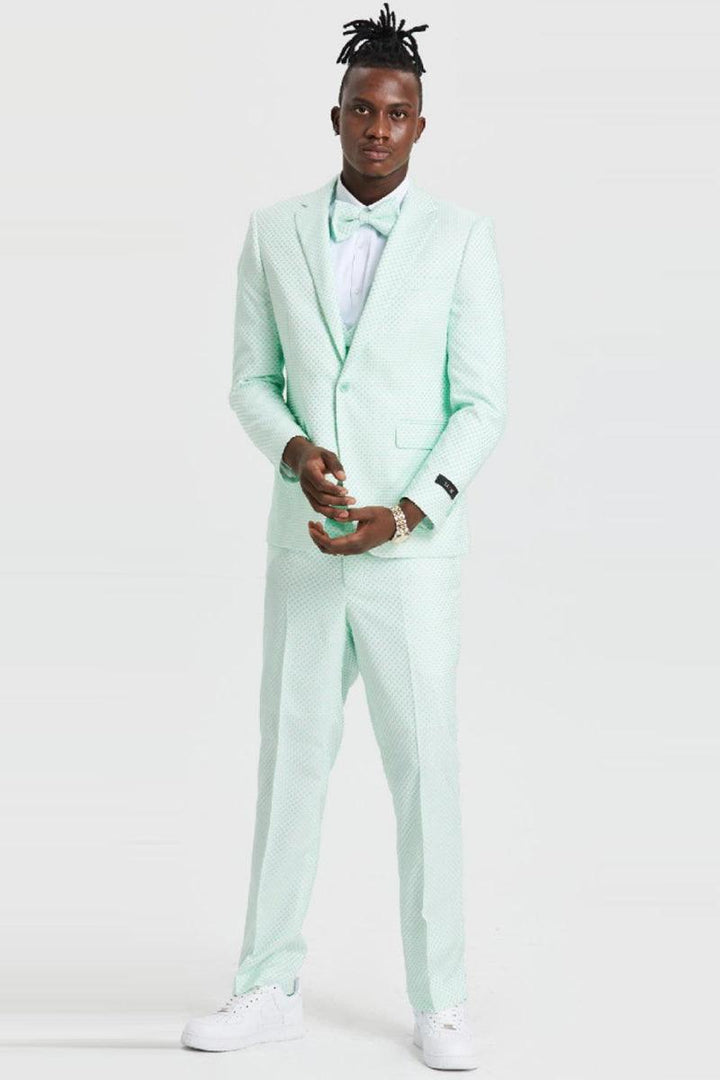 Men's Mint Green Polka Dot Tazio 1-Button Suit - Double Breasted Vest Notch Lapel Totally Prom Ready - Elegant Mensattire