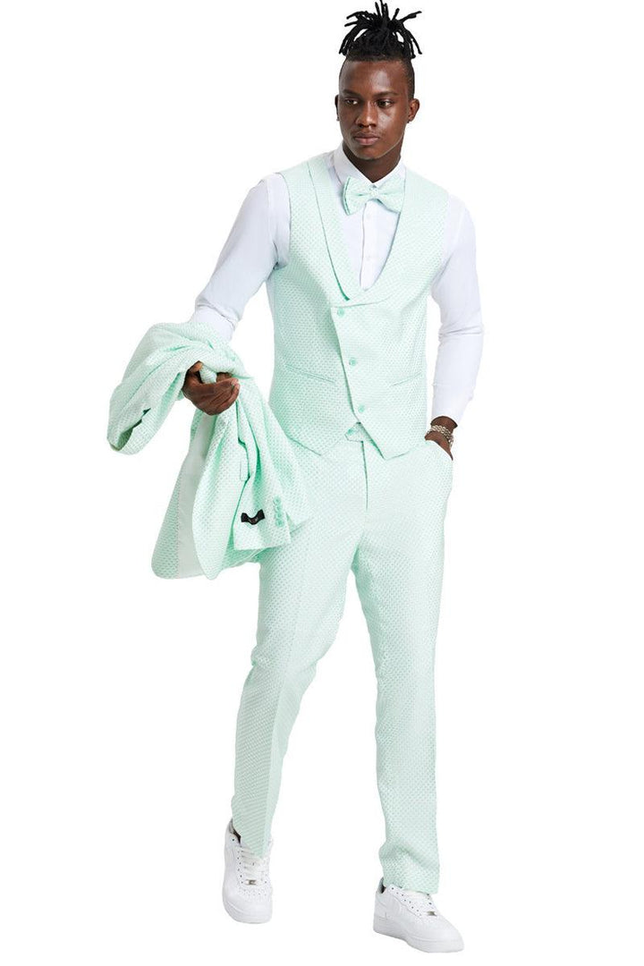 Men's Mint Green Polka Dot Tazio 1-Button Suit - Double Breasted Vest Notch Lapel Totally Prom Ready - Elegant Mensattire