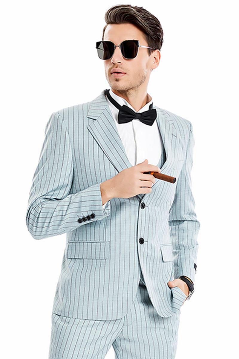 Men's Mint Grey Tazio Pinstripe Two-Button Vest Suit with Wide Notch Lapel - Elegant Mensattire