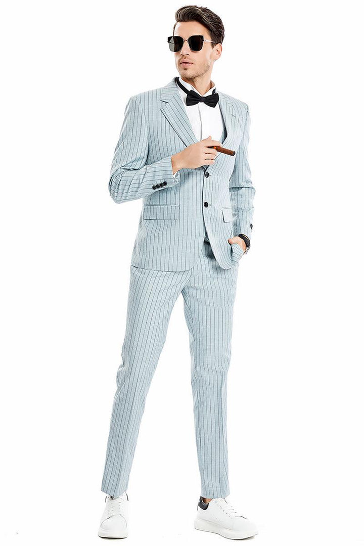 Men's Mint Grey Tazio Pinstripe Two-Button Vest Suit with Wide Notch Lapel - Elegant Mensattire