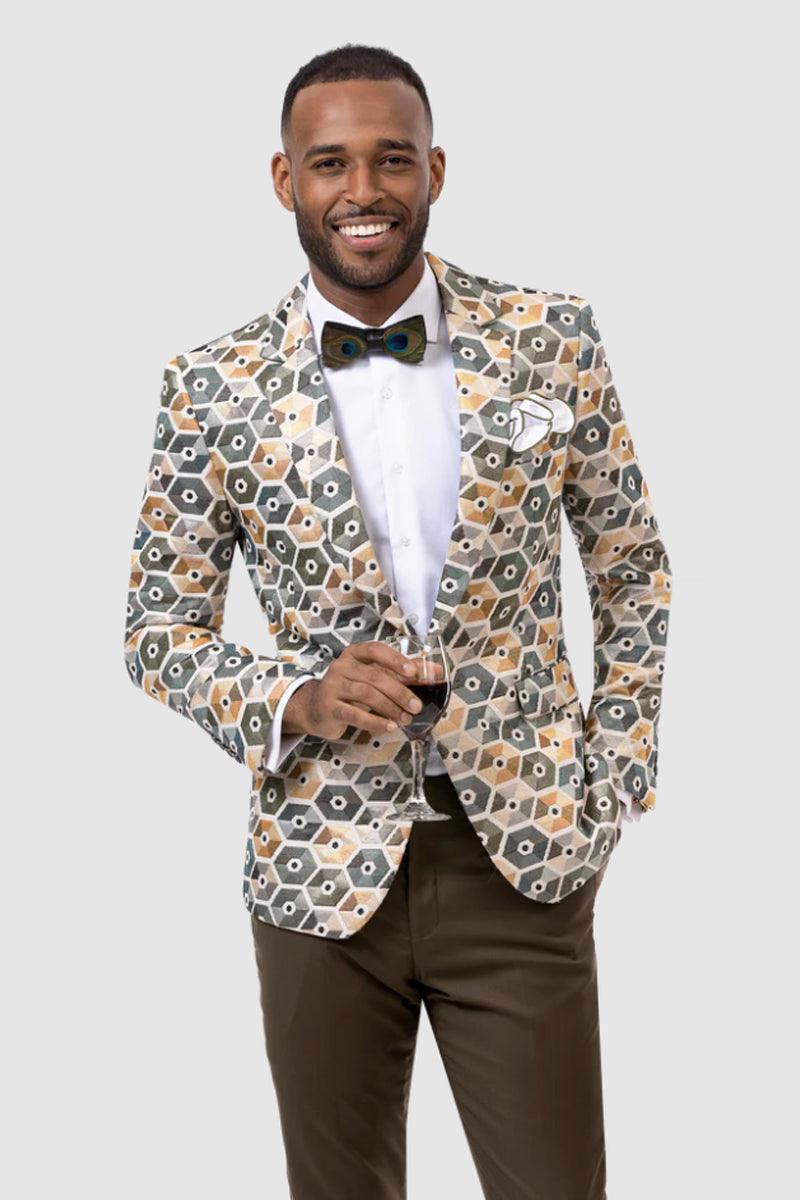 "Men's Modern One-Button Hex Blazer: EJ Samuel in Olive and Beige" - Elegant Mensattire