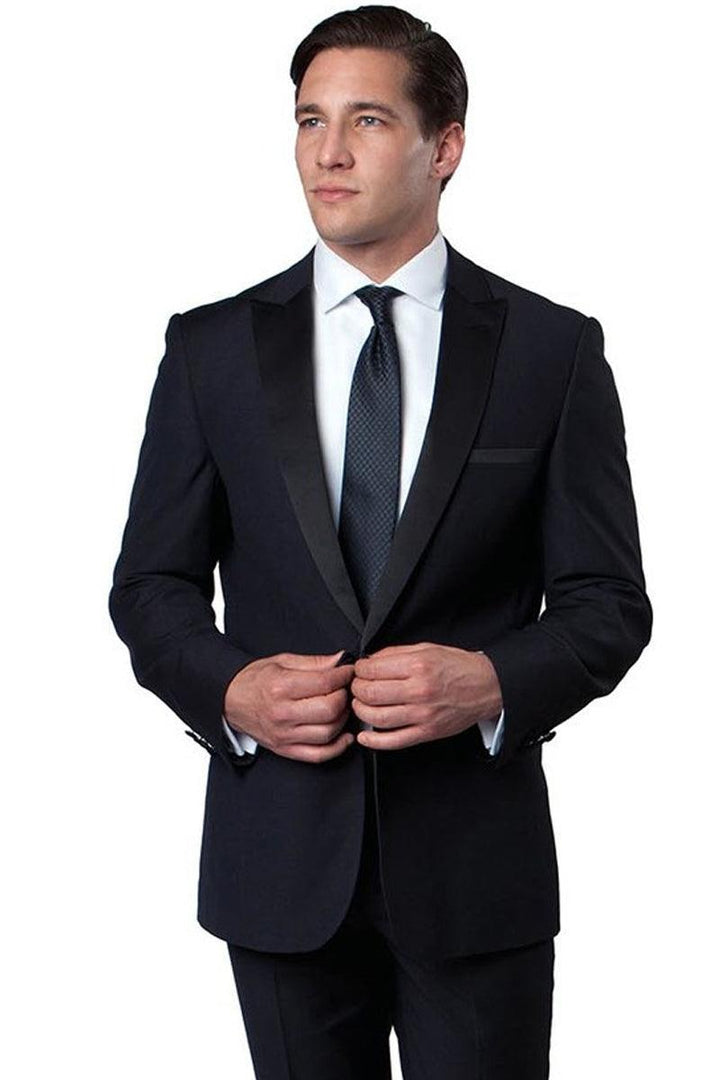 Men's Navy Blue Bryan Michaels Slim Fit 1-Btn Peak Lapel Wedding Tuxedo - Elegant Mensattire