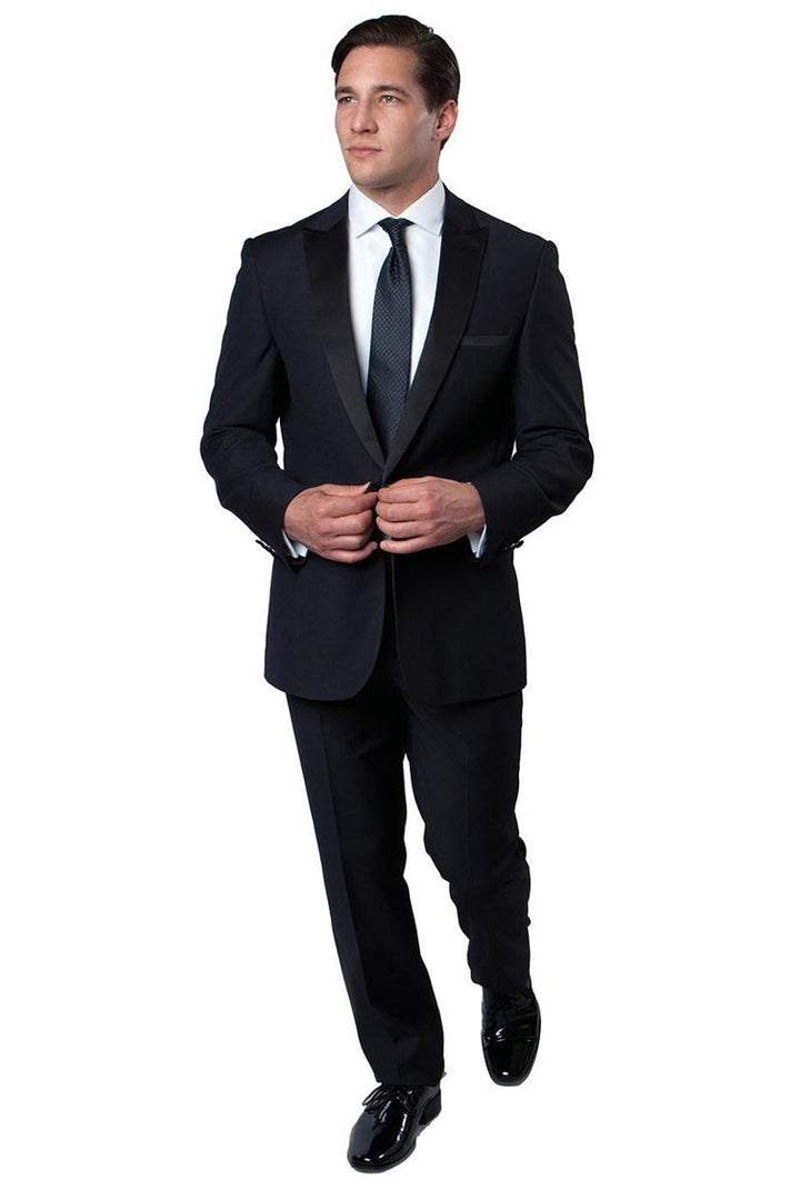 Men's Navy Blue Bryan Michaels Slim Fit 1-Btn Peak Lapel Wedding Tuxedo - Elegant Mensattire