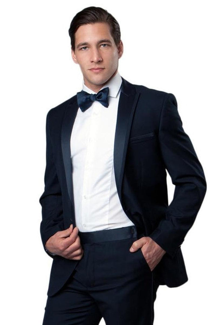 Men's Navy Blue One-Button Tux w/Satin Peak Lapel - Bryan Michaels - Elegant Mensattire