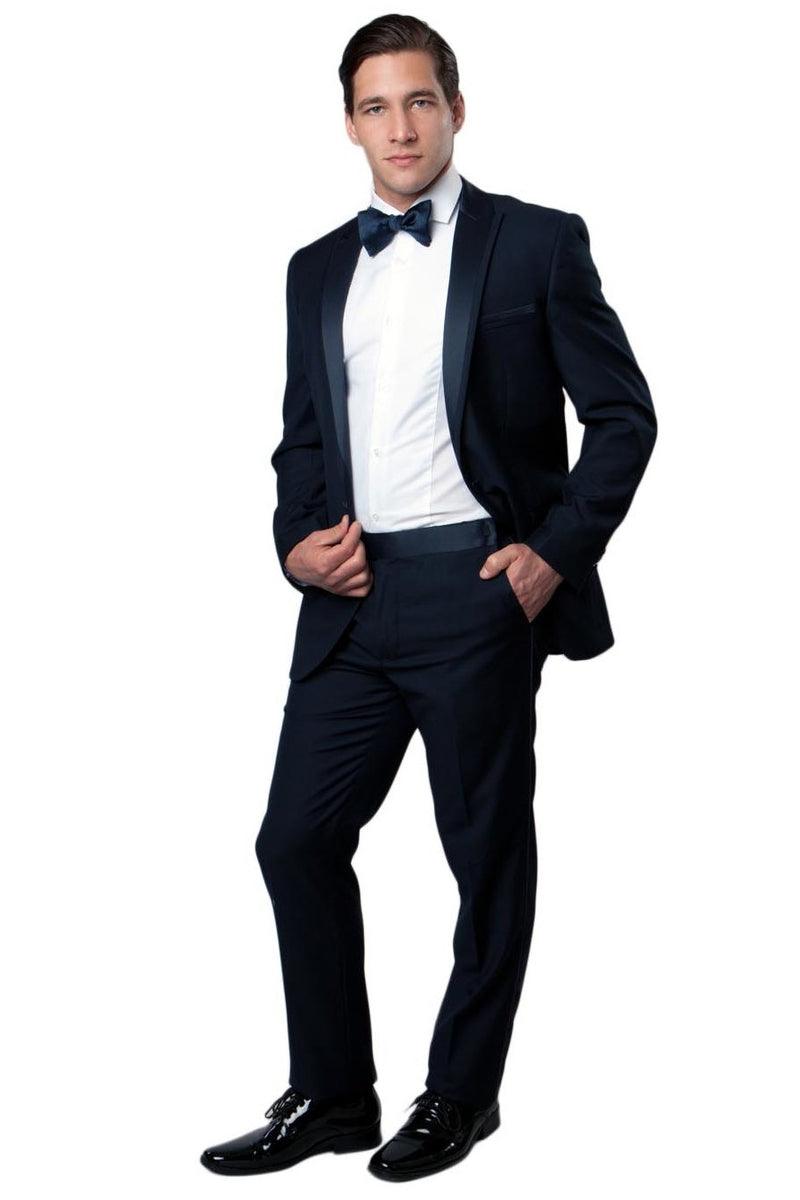 Men's Navy Blue One-Button Tux w/Satin Peak Lapel - Bryan Michaels - Elegant Mensattire